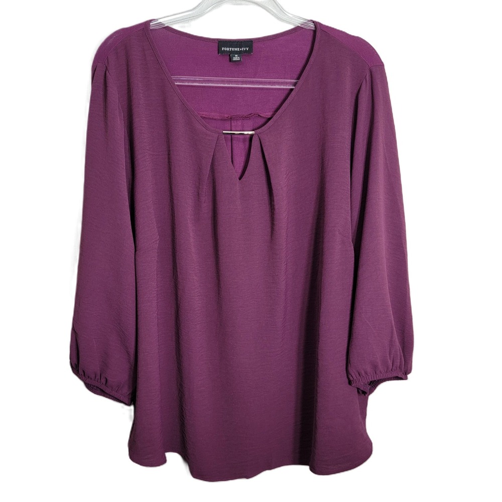 Fortune + Ivy Women 1X Purple Keyhole Neck 3/4 Sleeve‎ Blouse Top